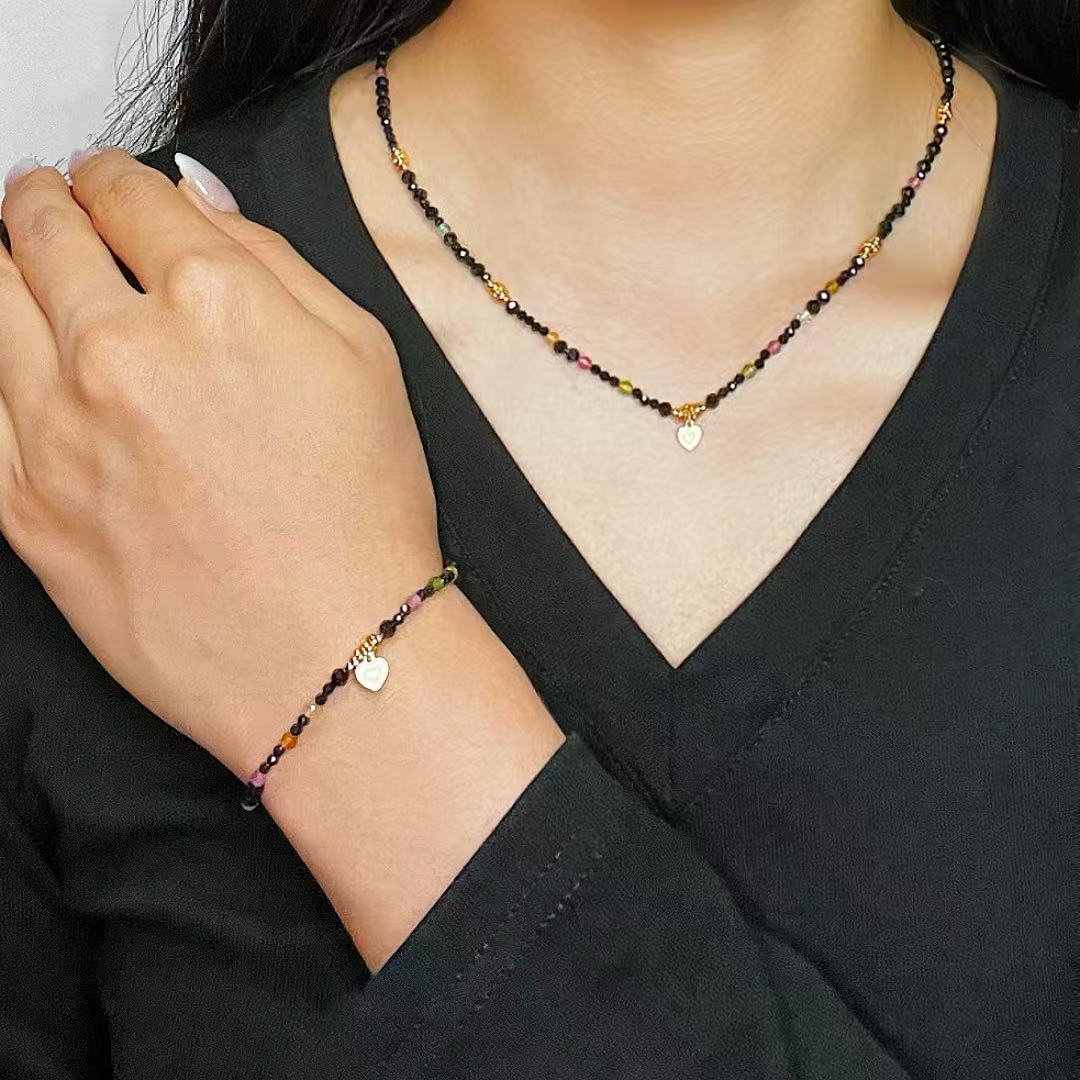 Black Tourmaline and Spinel Bracelet Jewelry – Heart Talisman, Gold Plated Silver