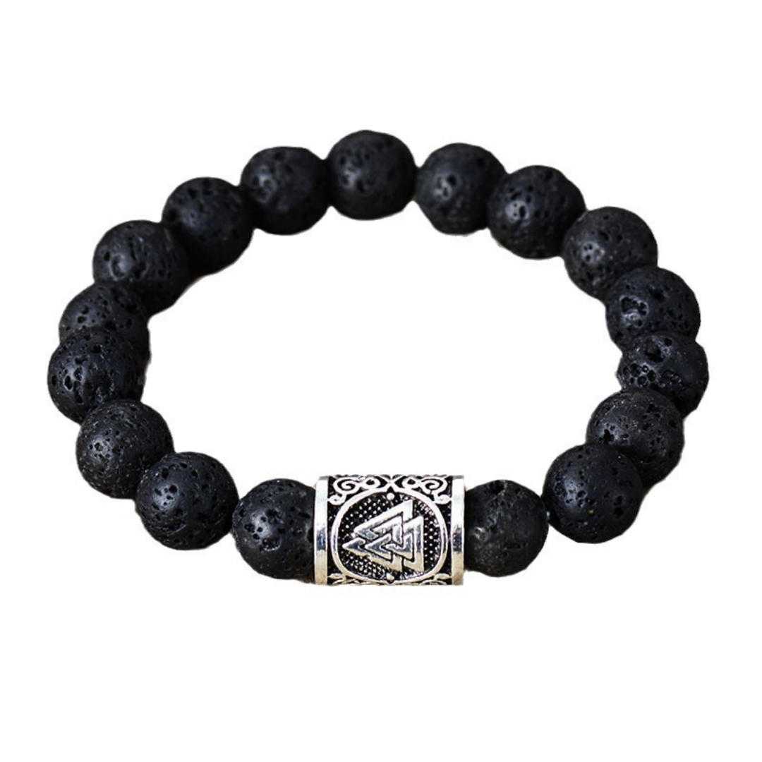 Bracelet viking en pierre de lave naturelle avec un fermoir cylindrique en argent gravé du symbole Valknut.