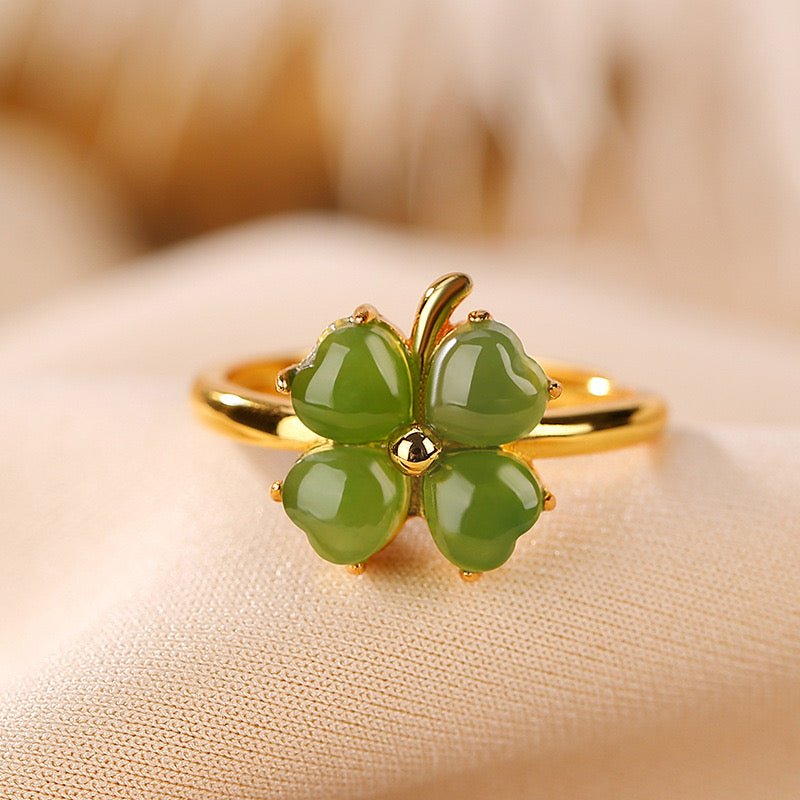 Bague Jade et Trèfle – Chance et Amour, Argent Plaqué or