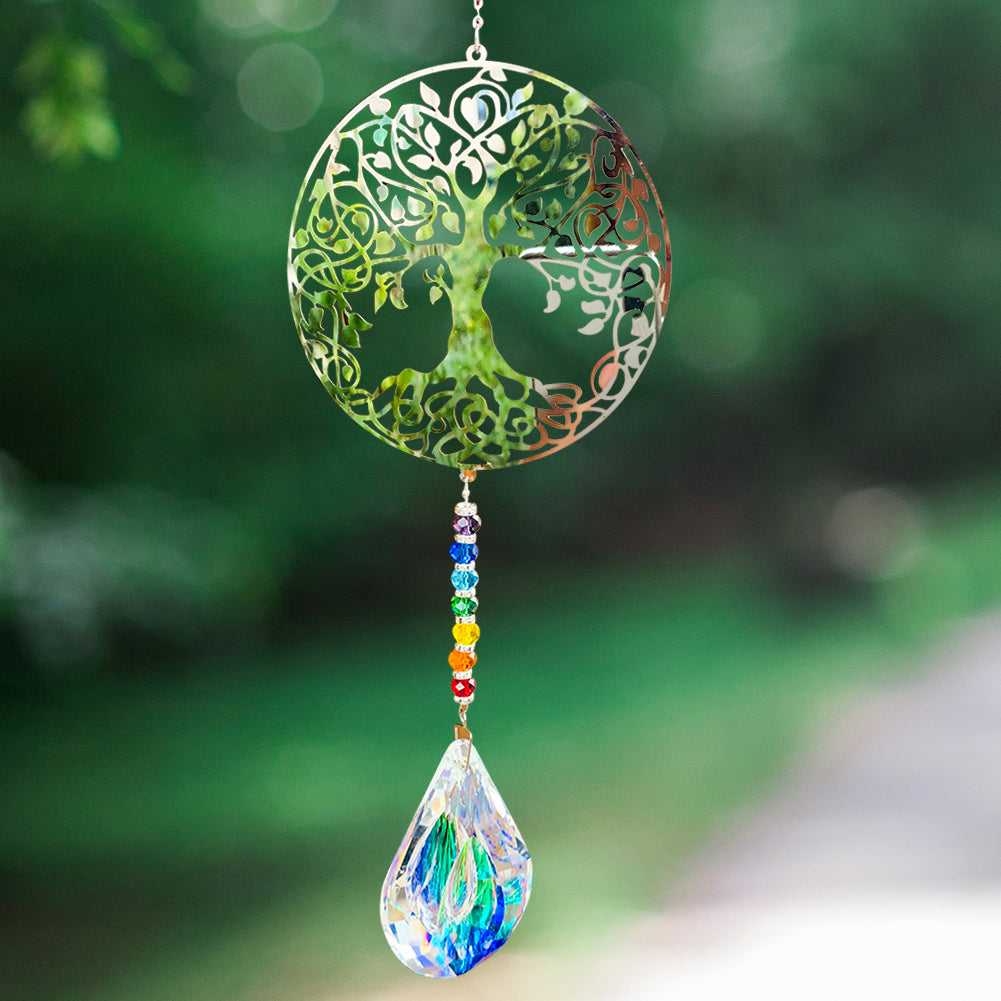 Capteur de soleil décoratif Arbre de Vie avec perles chakra et cristal scintillant suspendu en extérieur