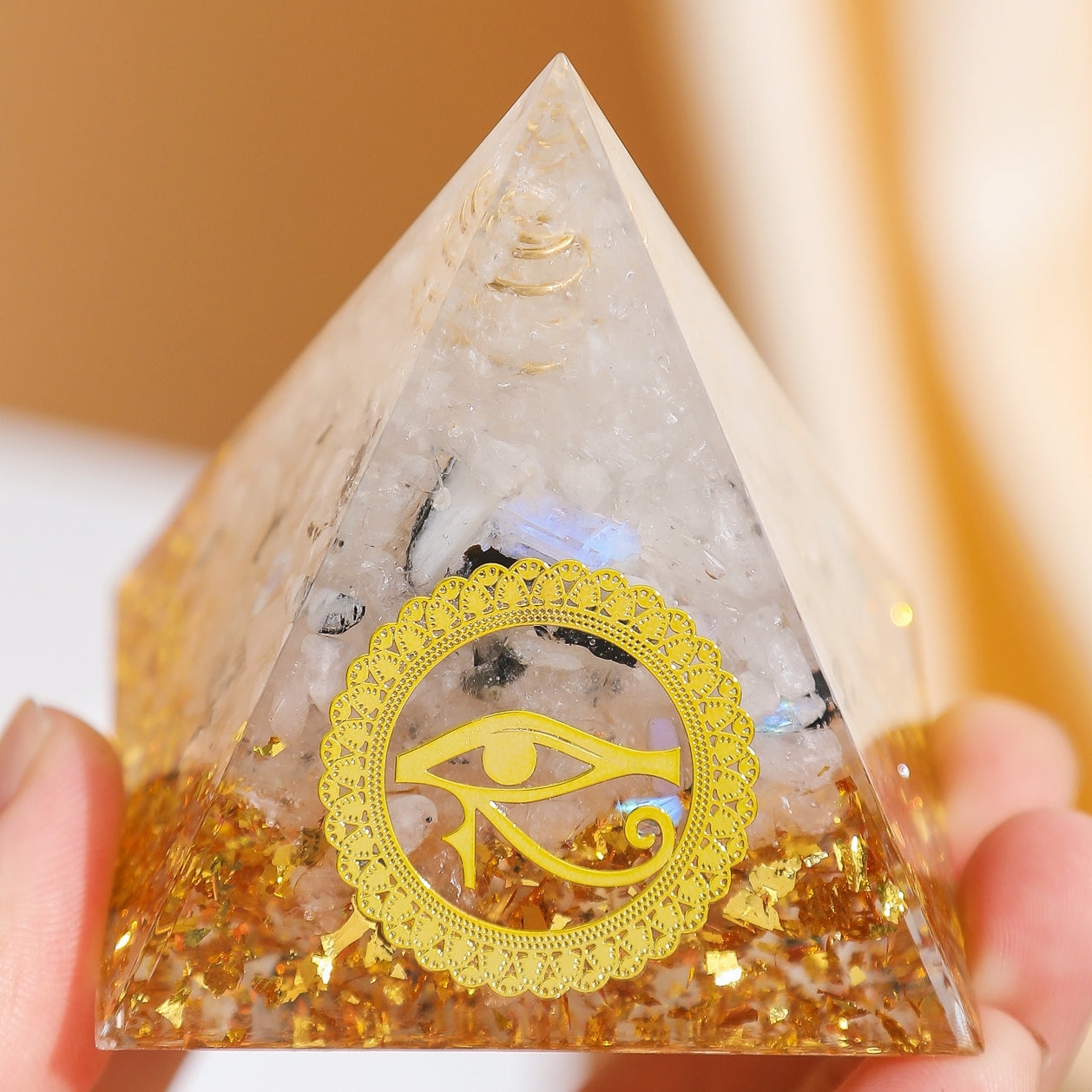 Protective Clarity – Clear Quartz Eye of Horus Orgonite Pyramid