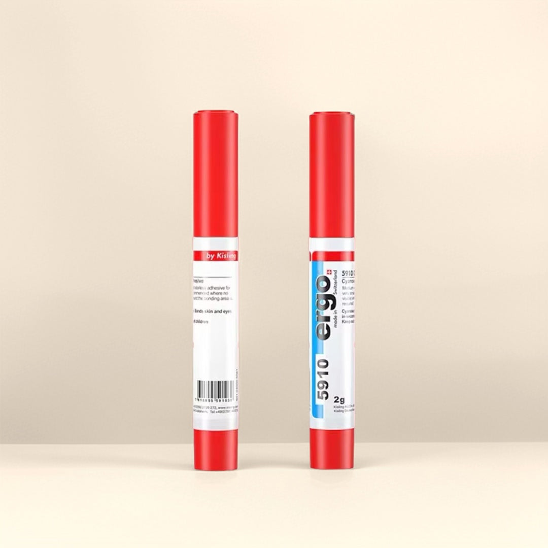 Deux tubes de colle de bijouterie de précision Ergo 5910 de 2g avec fixation invisible, corps et capuchons rouges.