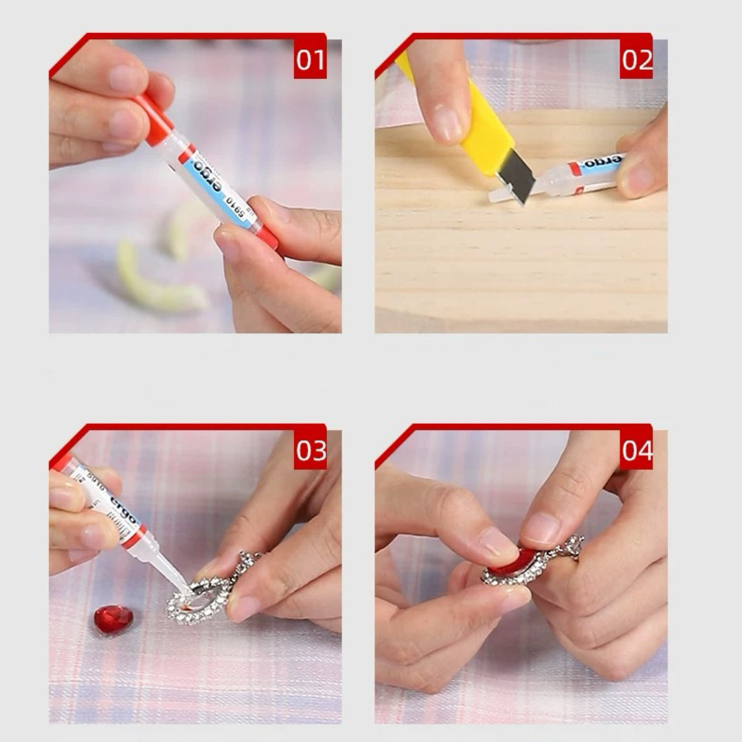 Image illustrant les étapes d'application de la colle de bijouterie : préparation du tube, ouverture, application sur un bijou et fixation d'une gemme.