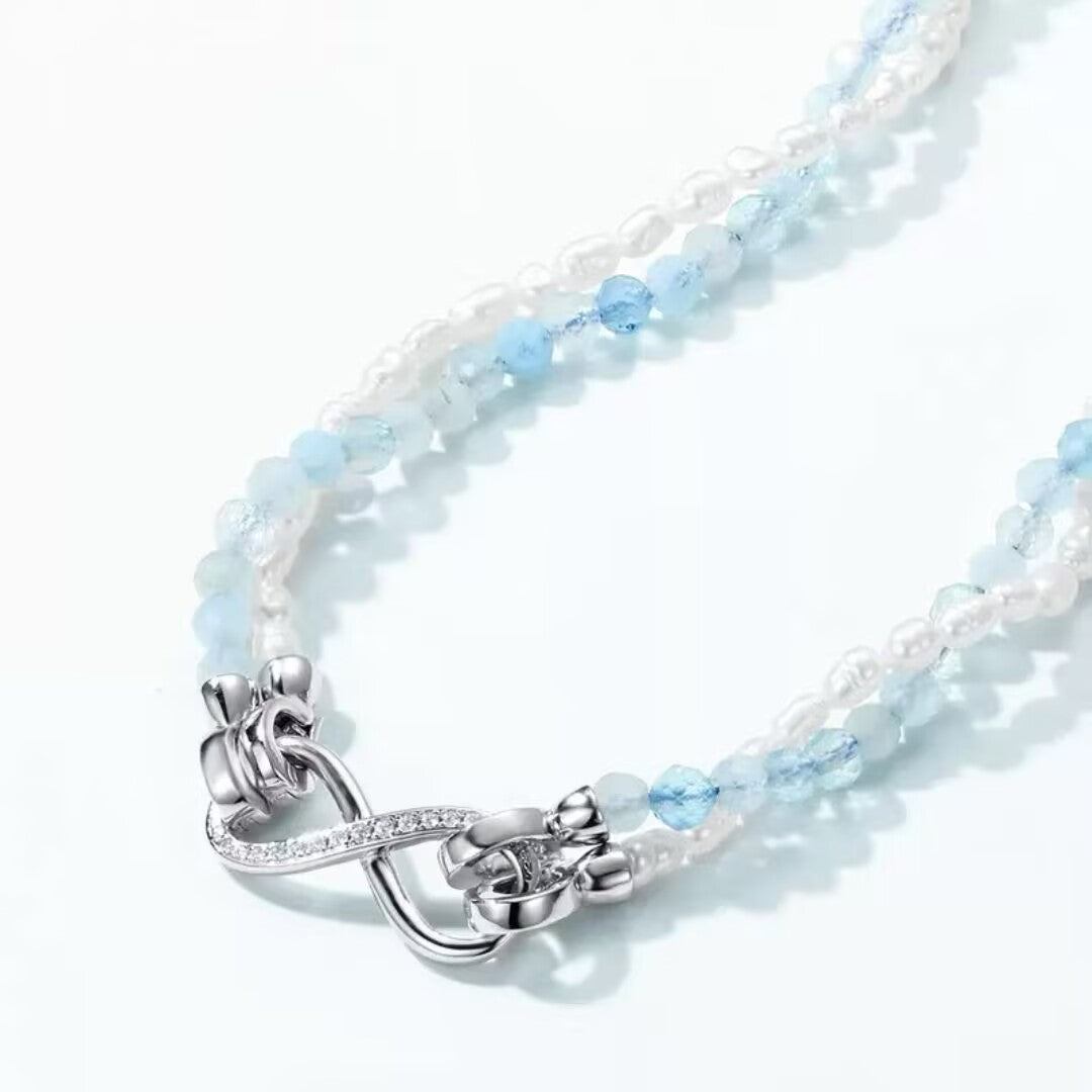 Aquamarine and Pearl Necklace – Polar Softness, Platinum-Plated 925 Sterling Silver