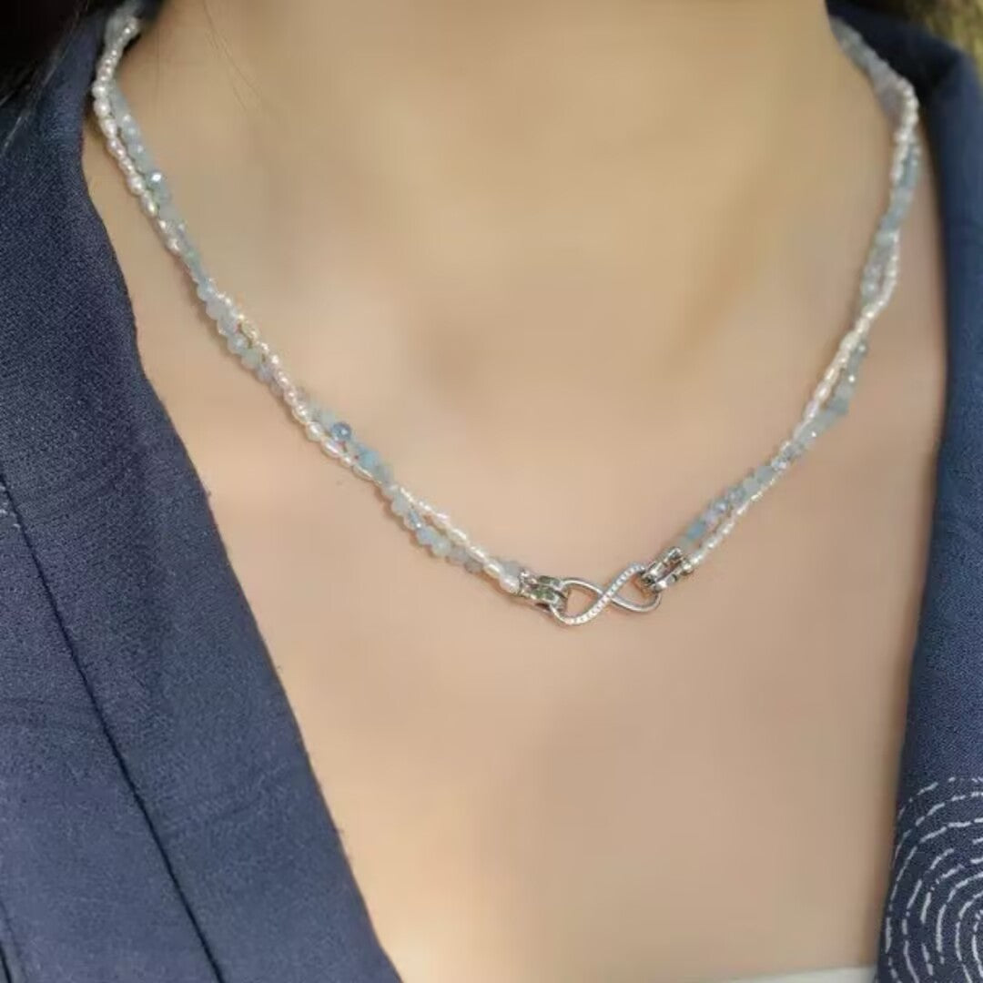 Aquamarine and Pearl Necklace – Polar Softness, Platinum-Plated 925 Sterling Silver