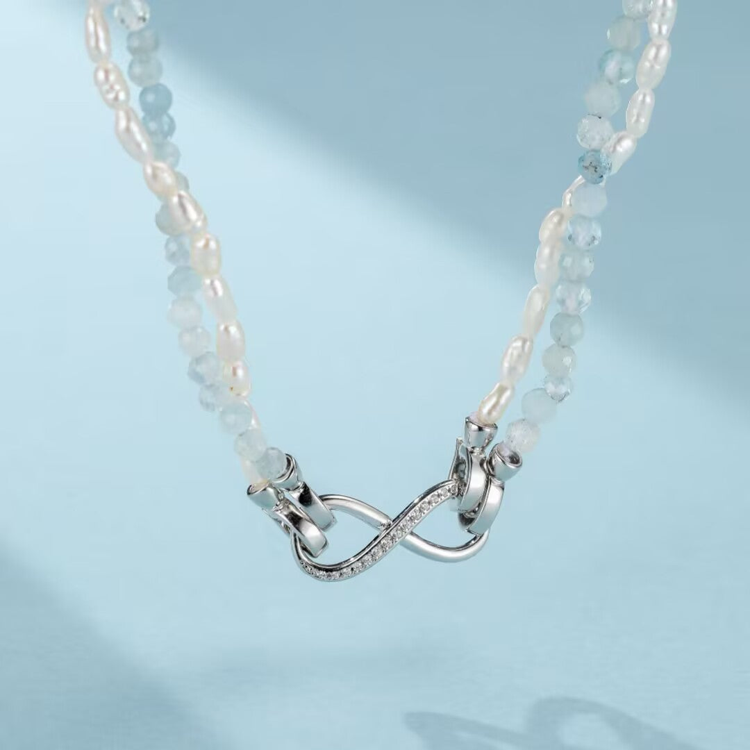 Aquamarine and Pearl Necklace – Polar Softness, Platinum-Plated 925 Sterling Silver