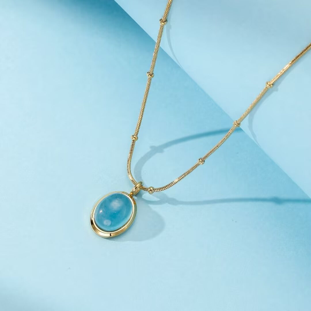 Collier Aigue Marine – Rêverie Marine, Acier Titane Plaqué Or 18K