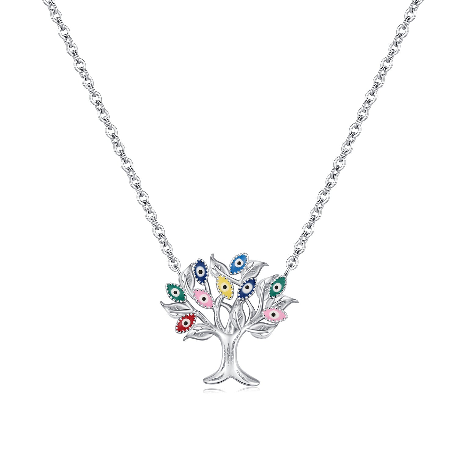 Collier Arbre de Vie en Argent 925 orné de multiples "mauvais œil" colorés, symbolisant protection et éclat.