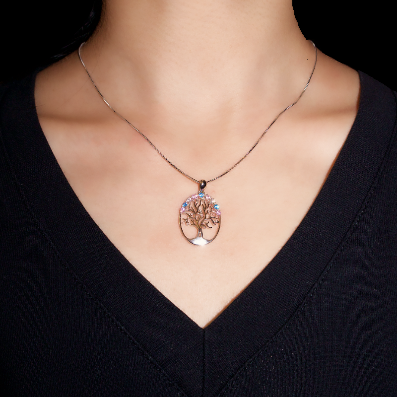 Collier Arbre de Vie en Argent 925 avec des pierres bleues et roses