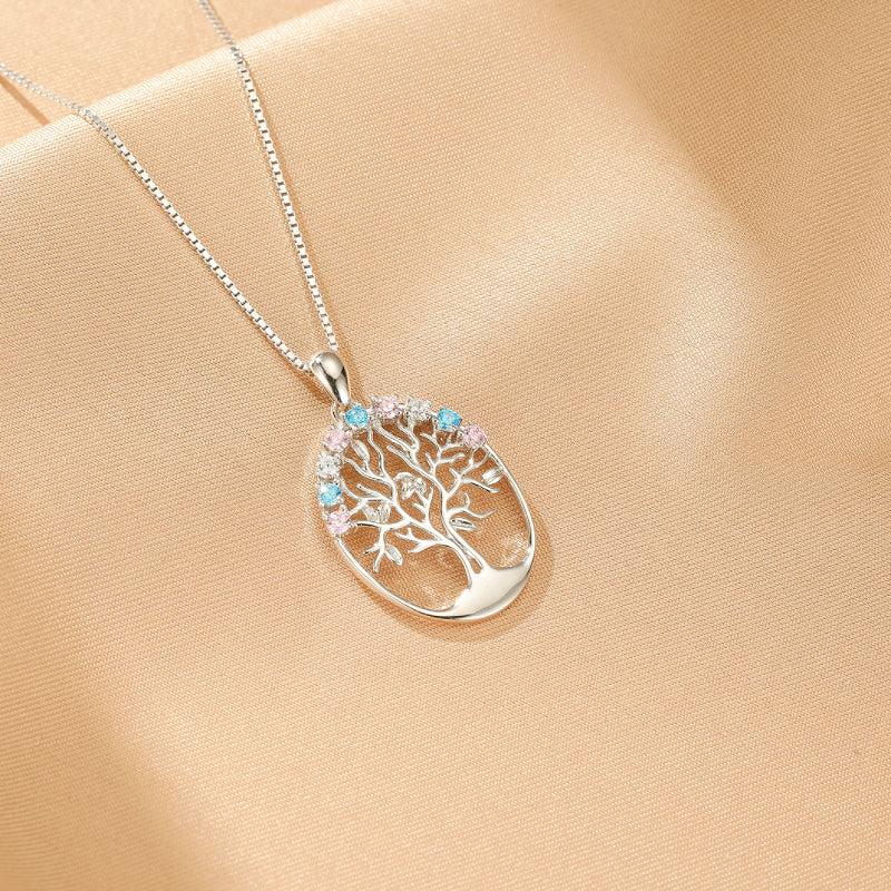 Collier Arbre de Vie en argent 925 avec des pierres bleues et roses incrustées dans les branches