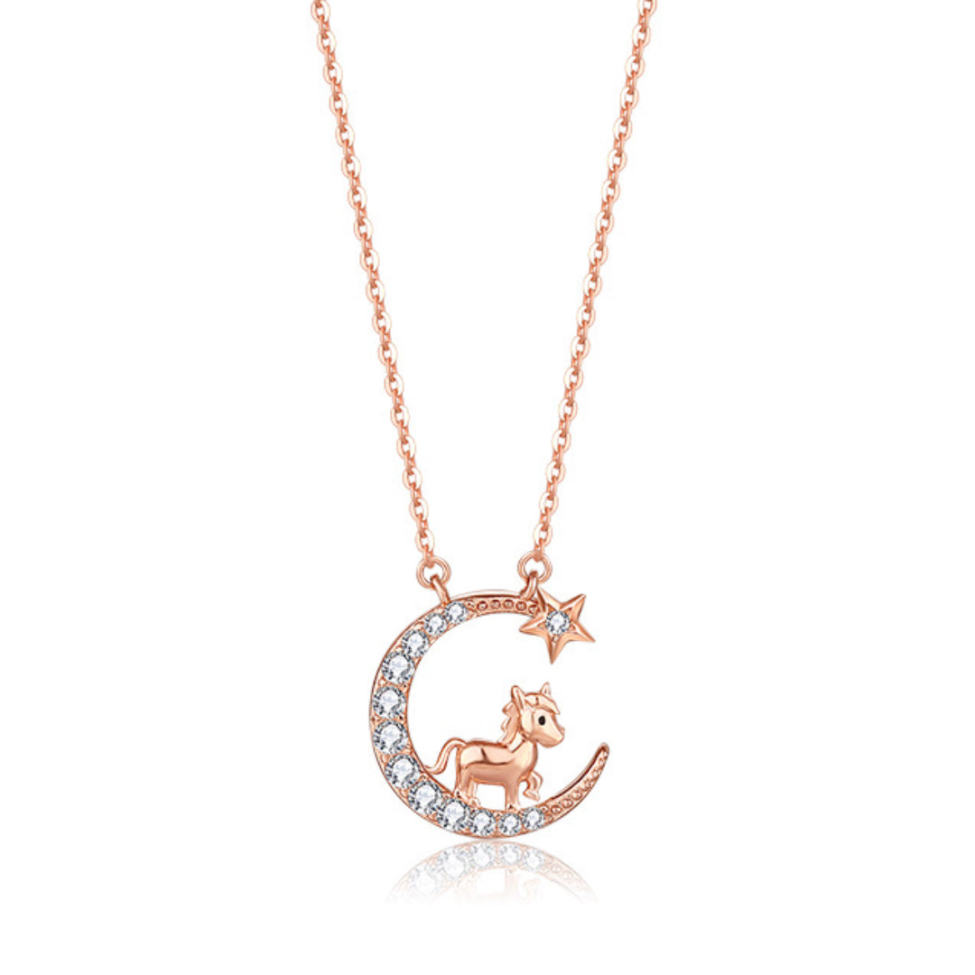 Collier Cheval/Coq Lune – Lune Animale, Argent Plaqué Or Rose