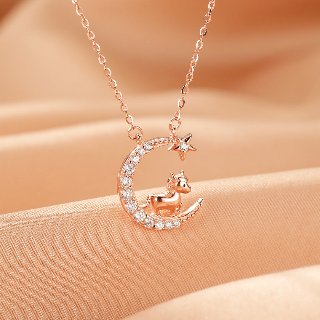 Collier Cheval/Coq Lune – Lune Animale, Argent Plaqué Or Rose