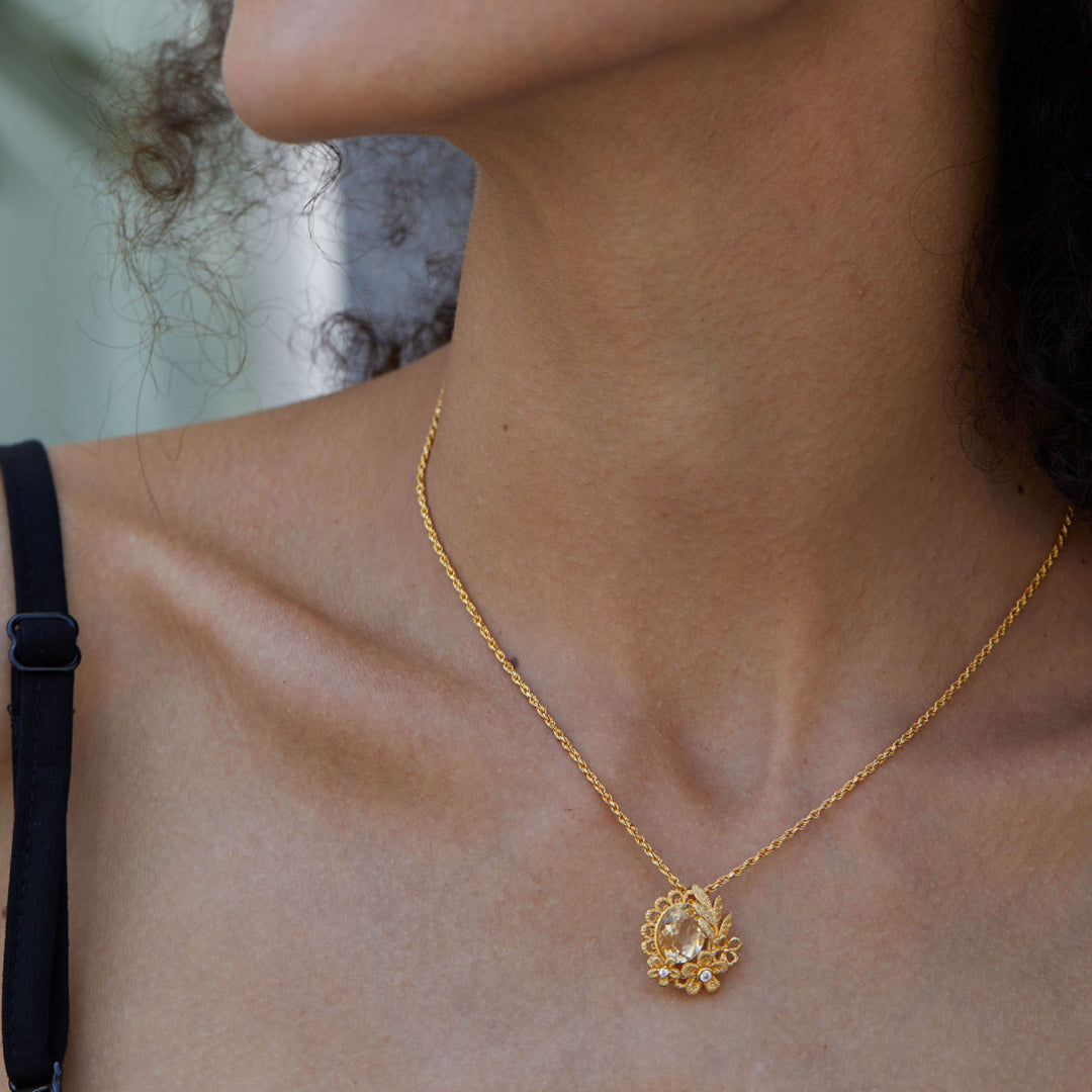 Collier Citrine – Couronne Fleurie, Argent Plaqué Or