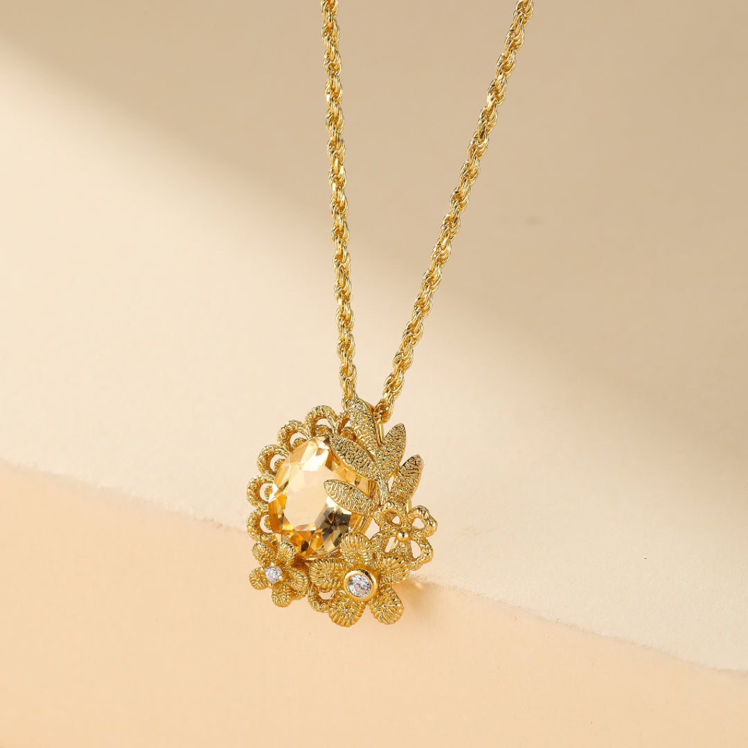 Collier Citrine – Couronne Fleurie, Argent Plaqué Or