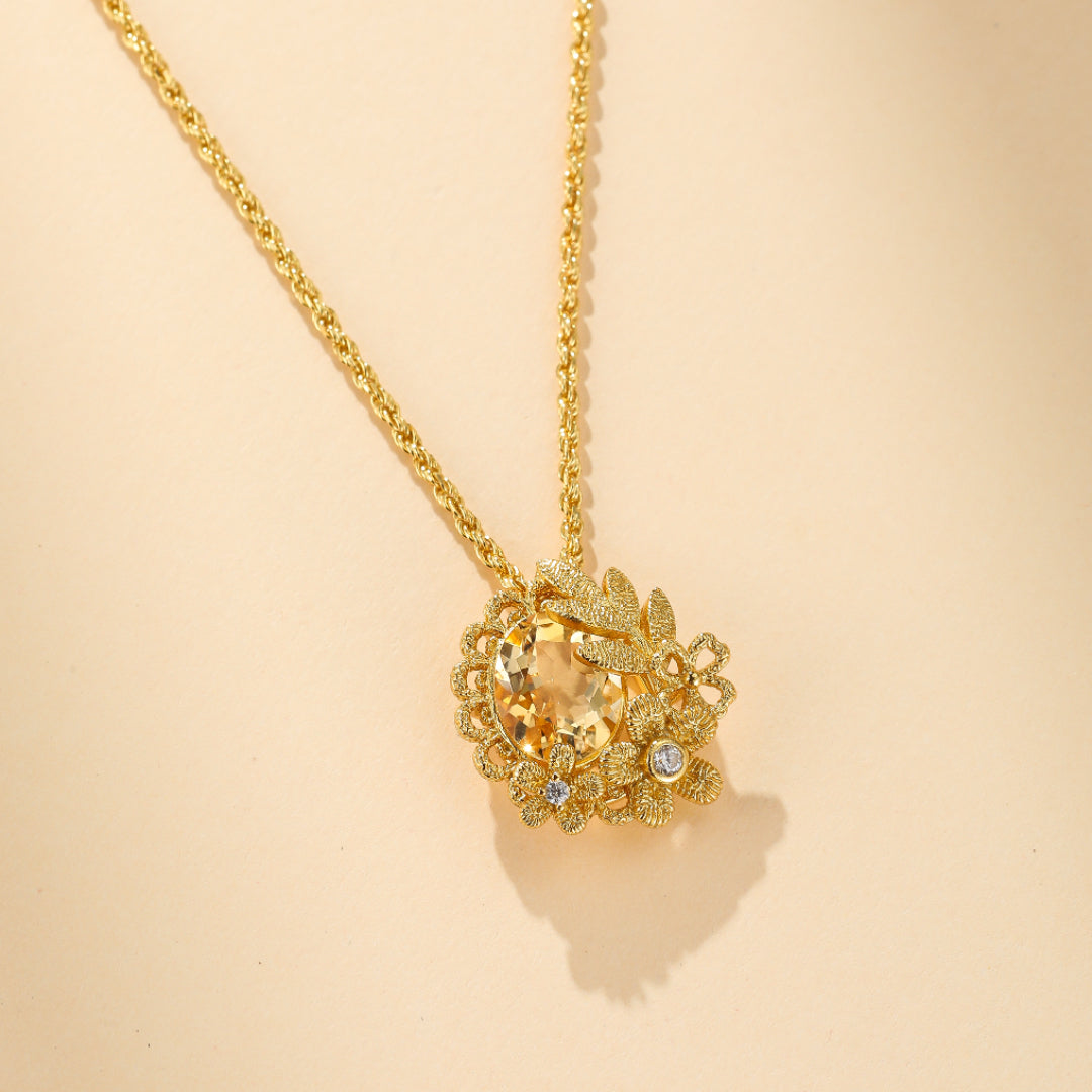 Collier Citrine – Couronne Fleurie, Argent Plaqué Or