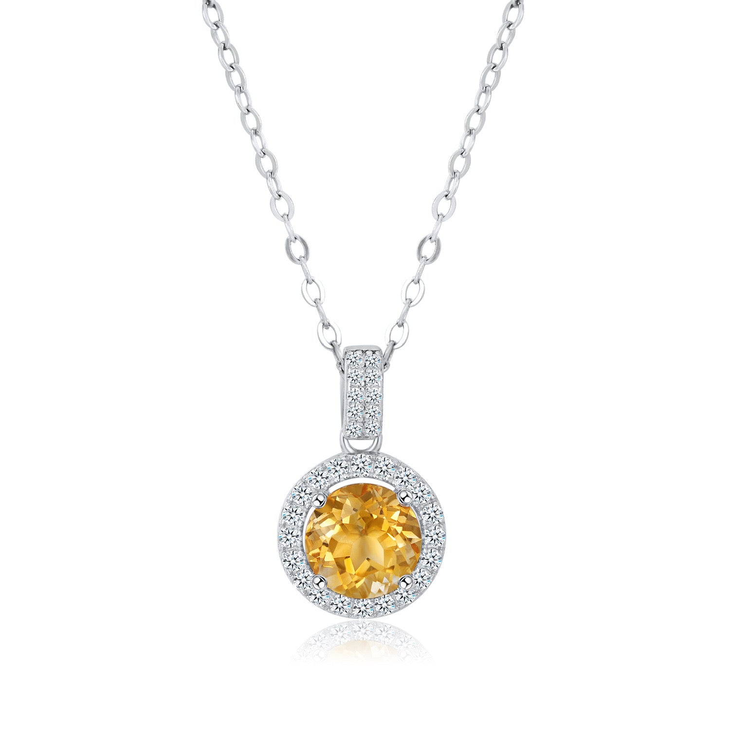 Collier en argent sterling 925 avec une citrine ronde entourée de zirconias cubiques, bijou élégant pour femme.