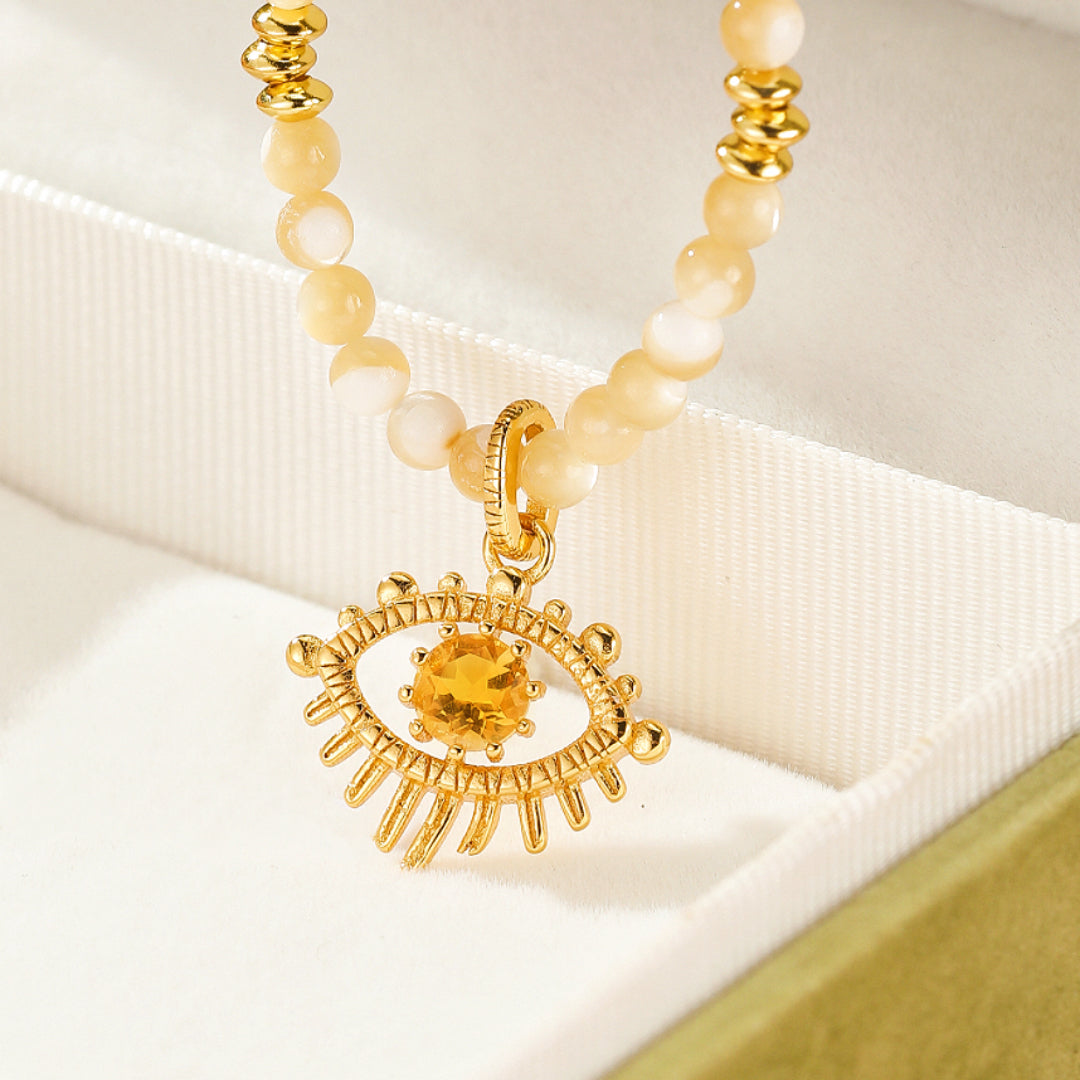 Collier Citrine Mauvais Œil – Aura Dorée, Argent Plaqué Or