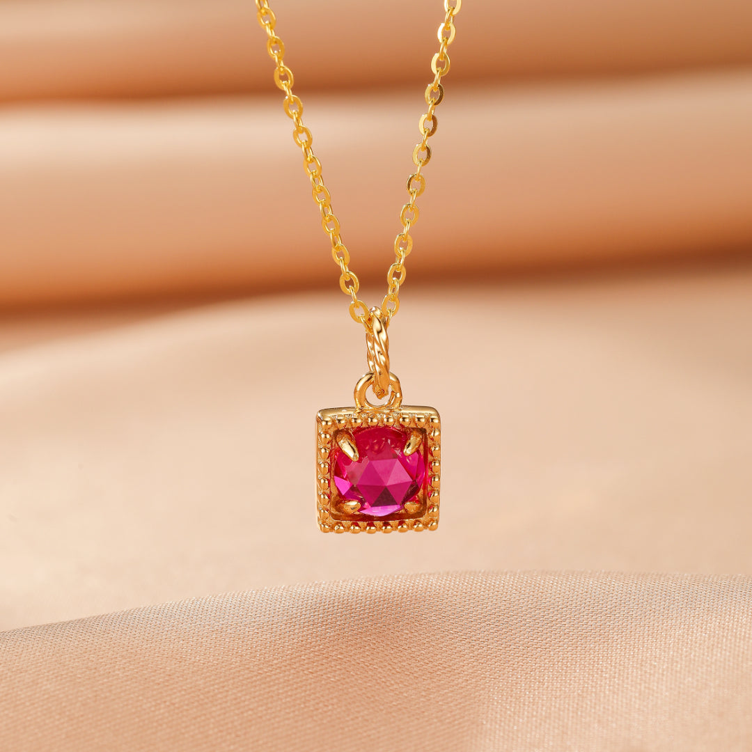 Carnelian Necklace – Ruby Sparkle Cube, 10k Gold Plated Silver