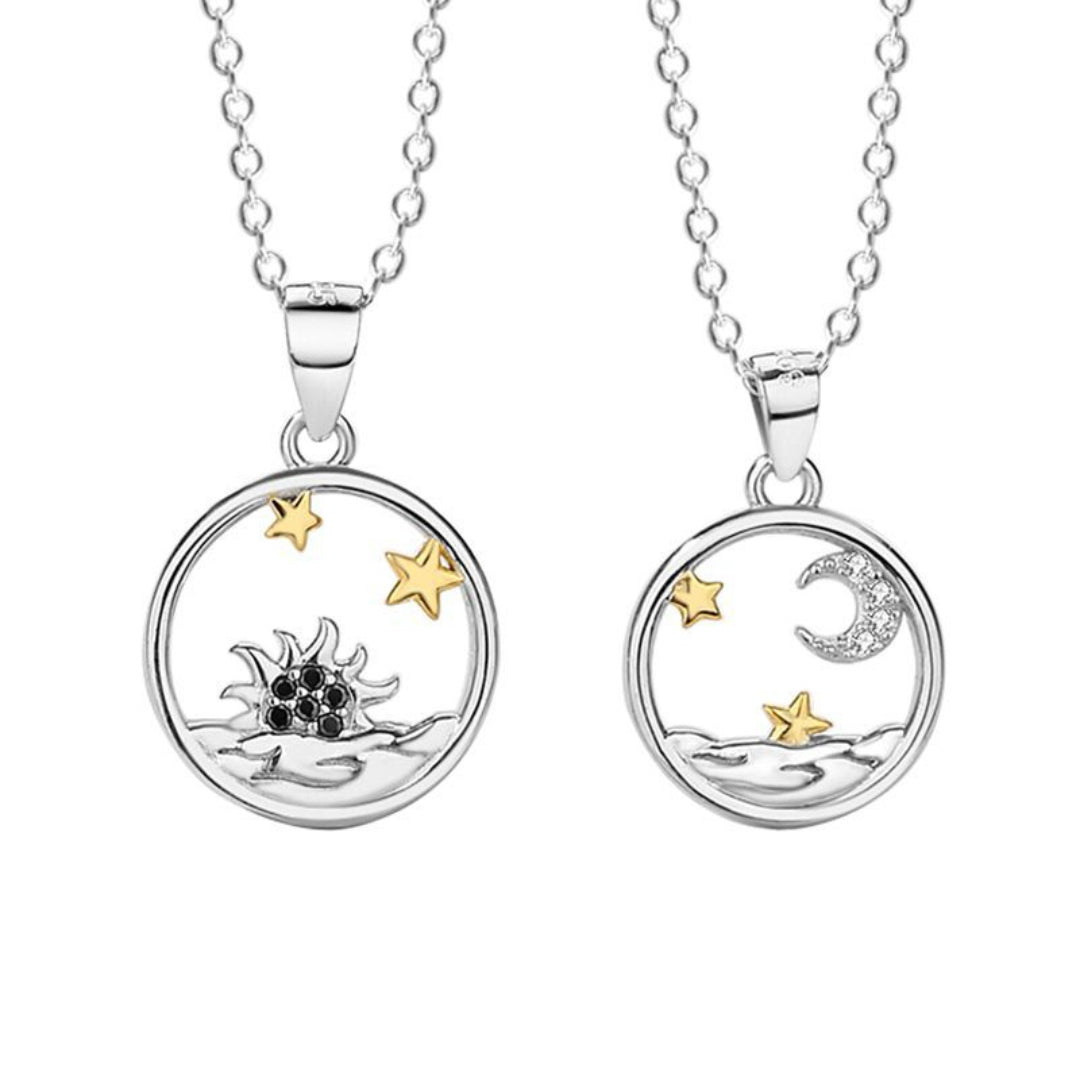 Collier Couple – Soleil et Lune Étoilés, Argent