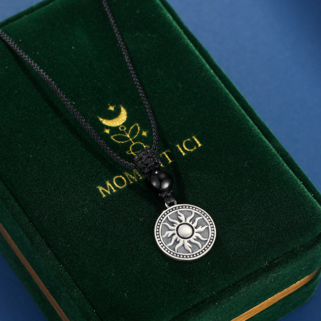 Men's Obsidian Necklace – Solar Medallion, Silver