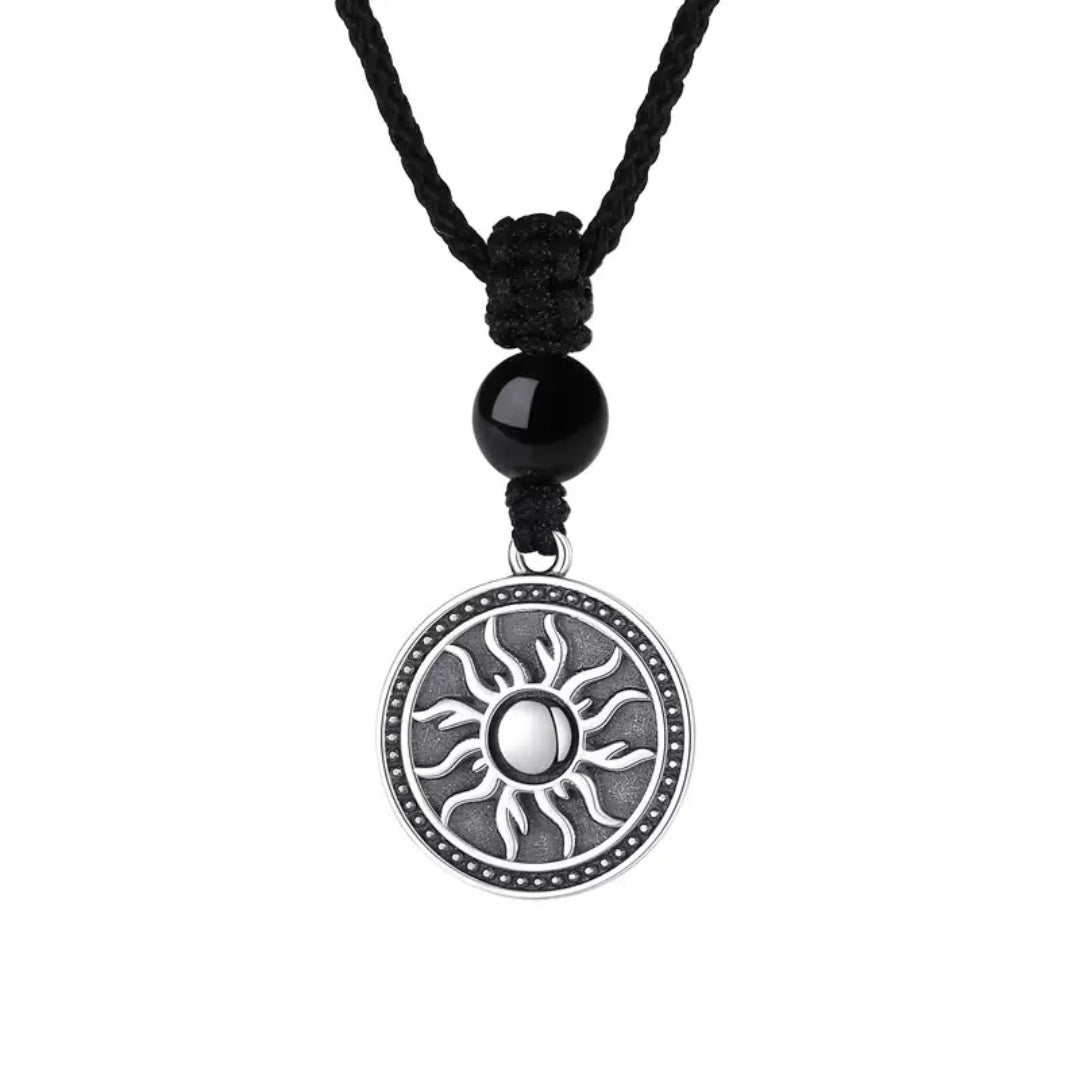 Men's Obsidian Necklace – Solar Medallion, Silver