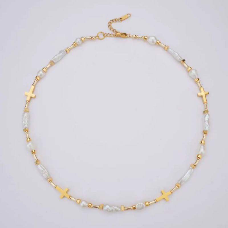 Collier Homme Perle – Croix Dorée, Plaqué Or