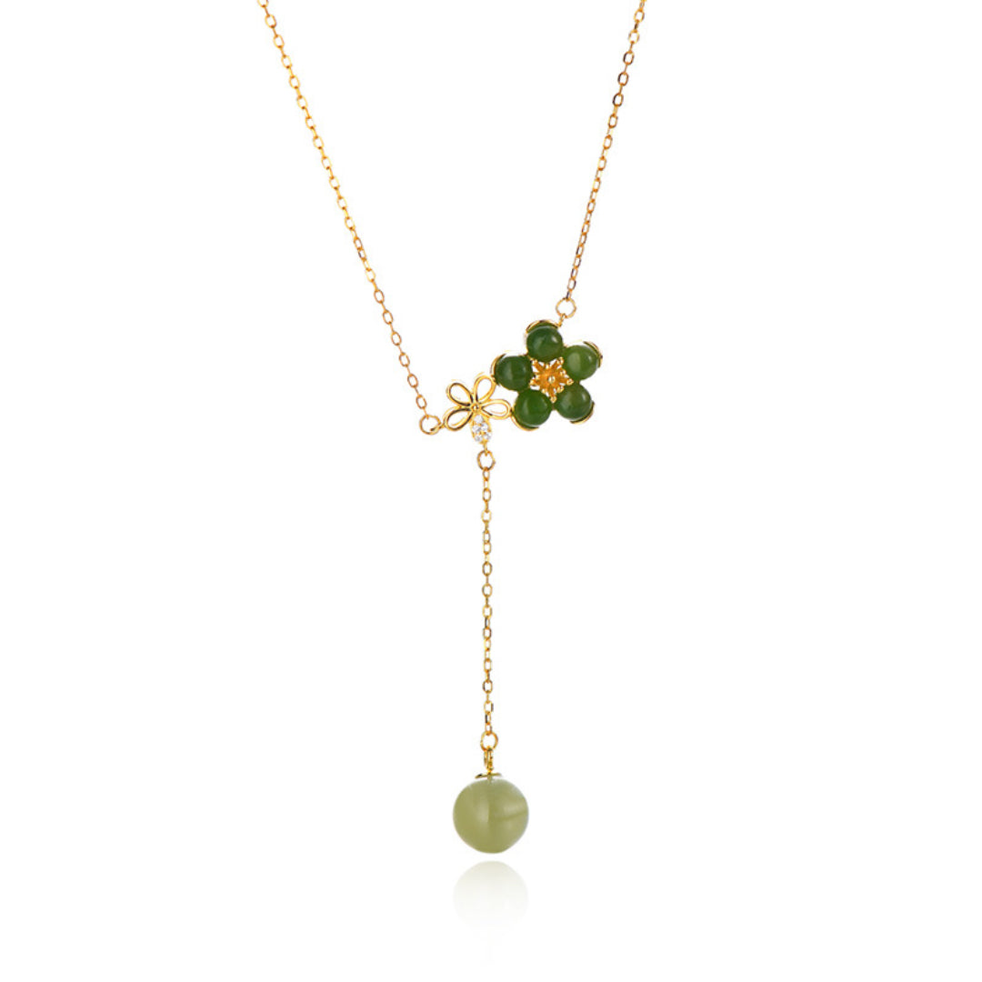 Collier Jade – Fleur de Prunier, Argent Plaqué Or