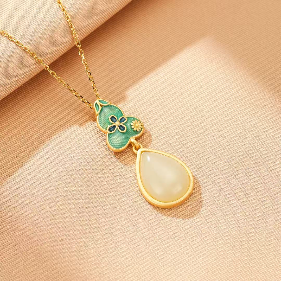 Bijoux-Collier Jade – Goutte de Chance, Argent Plaqué Or