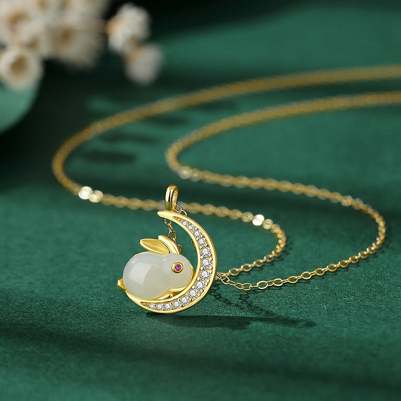Rabbit on Moon Necklace in Jade and 925 Sterling Silver