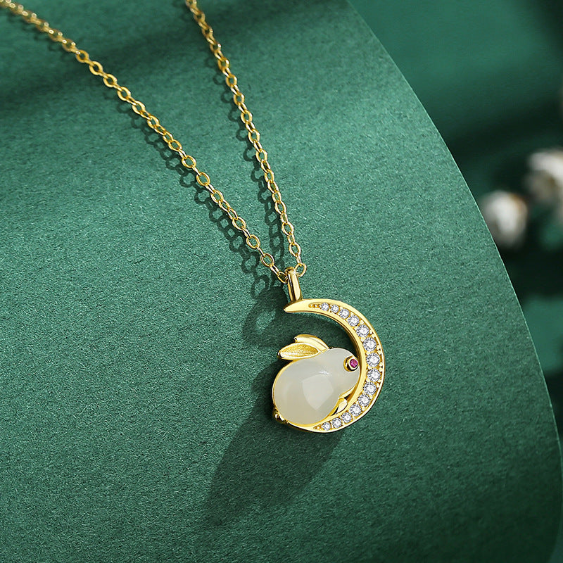Rabbit on Moon Necklace in Jade and 925 Silver
