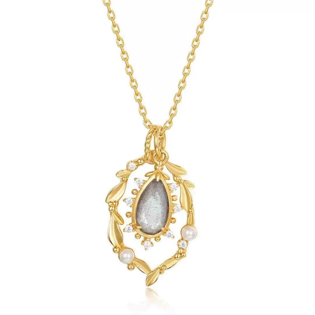 Collier Labradorite et Perle – Élixir Céleste, Argent Plaqué Or