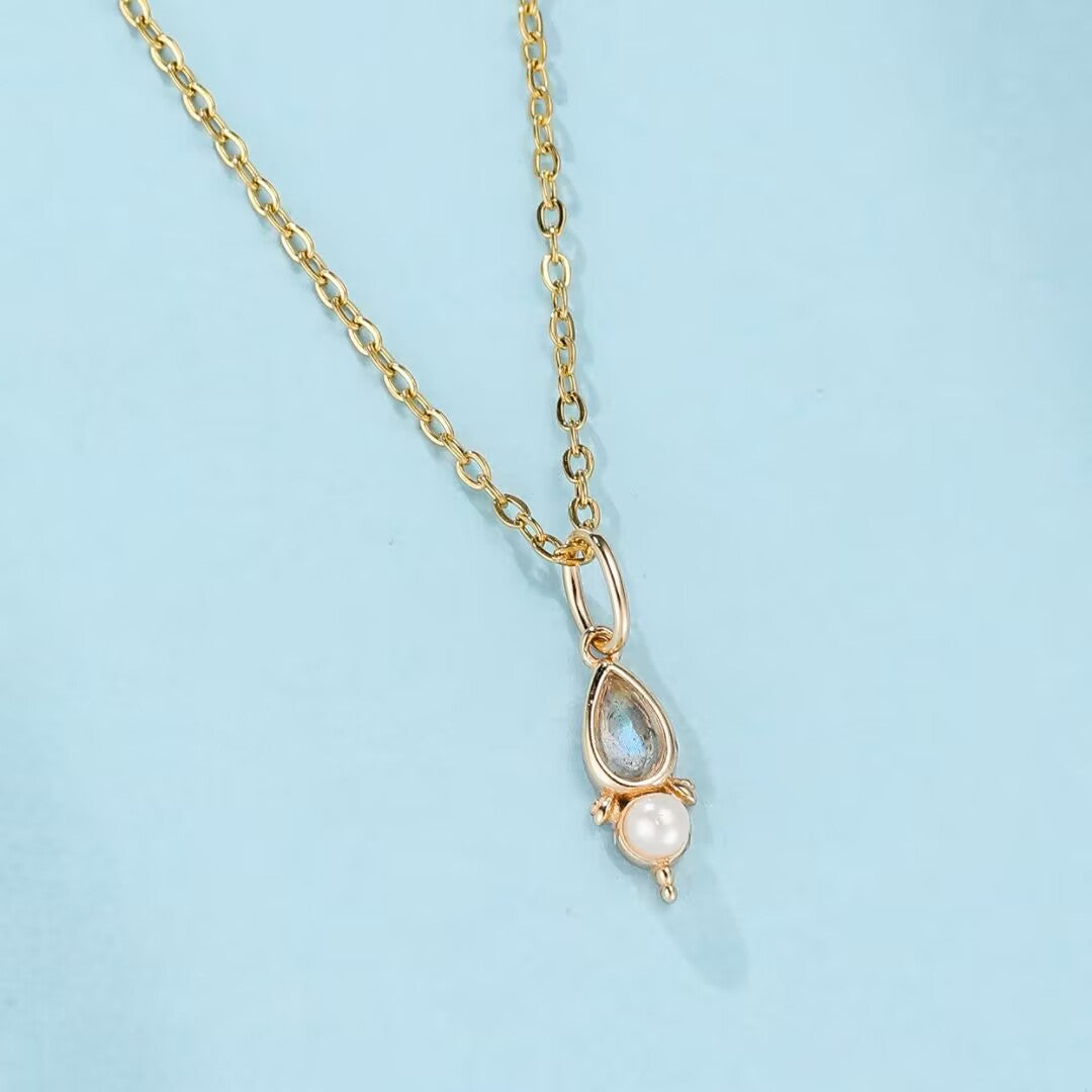 Collier Labradorite et Perle – Lumière d'Atlantis, Argent Plaqué Or