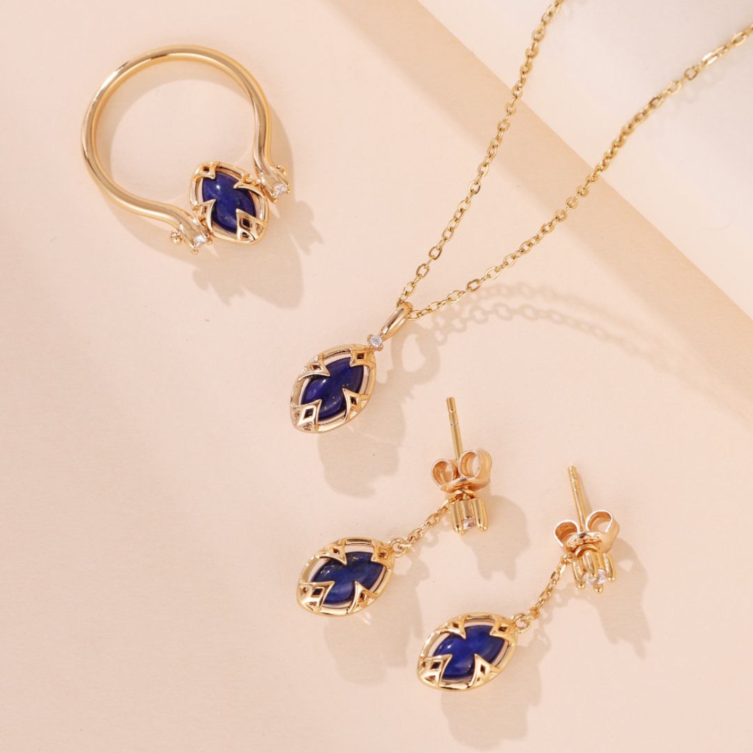 Collier Lapis Lazuli et Quartz Clair – Étoile du Matin, Argent Plaqué Or