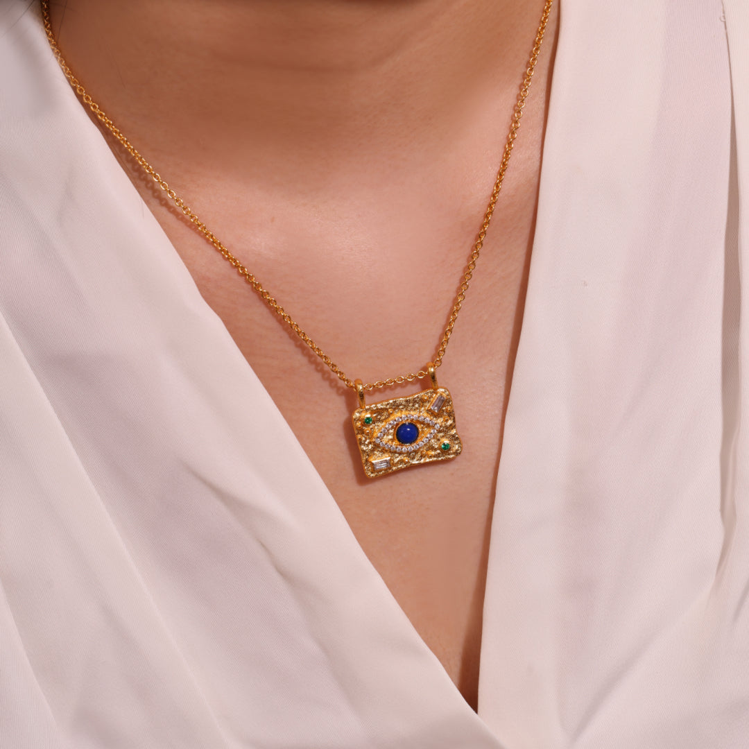 Lapis Lazuli Necklace – Demonic Square, Gold Plated Silver