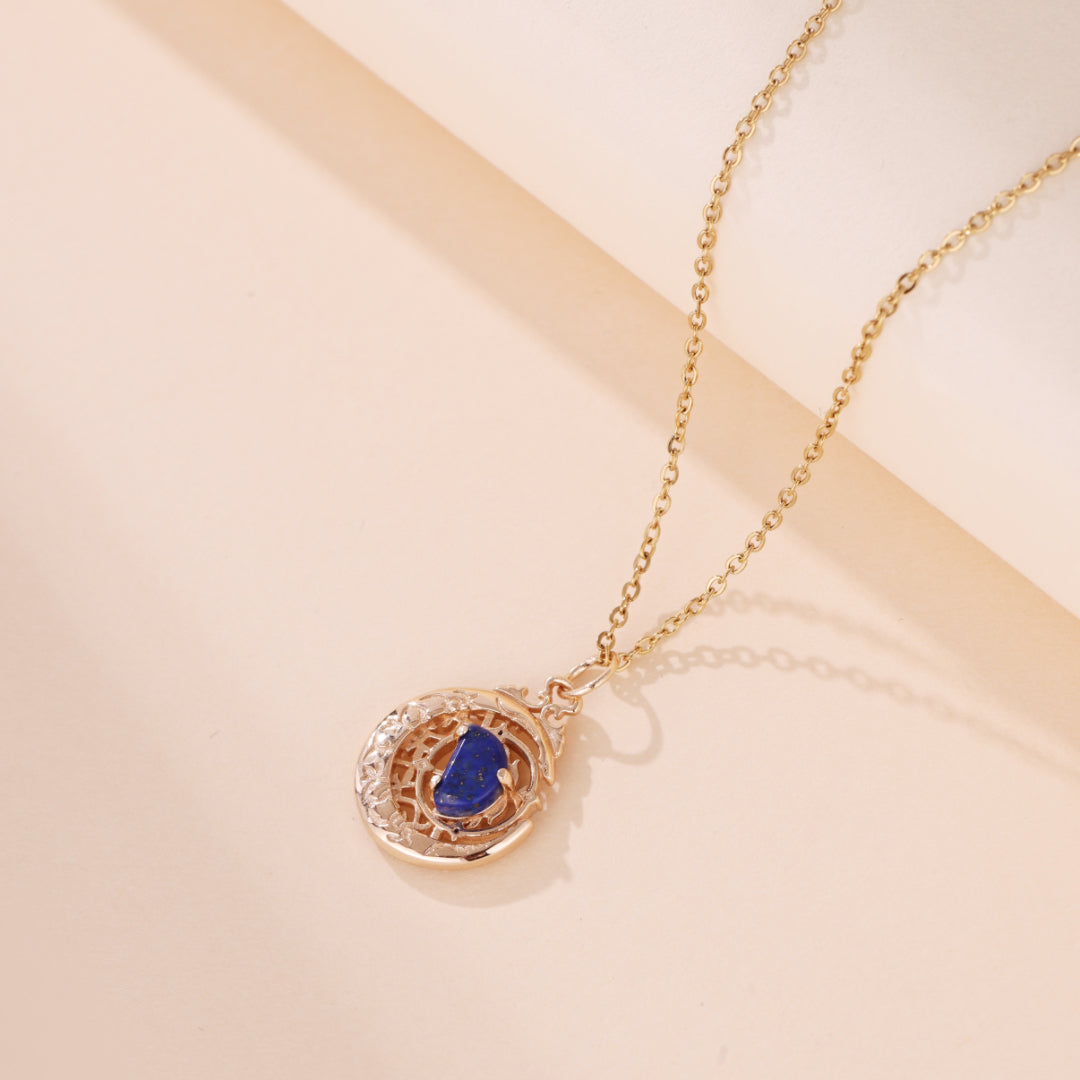 Collier Lapis Lazuli – Lune Étoilée, Argent Plaqué Or