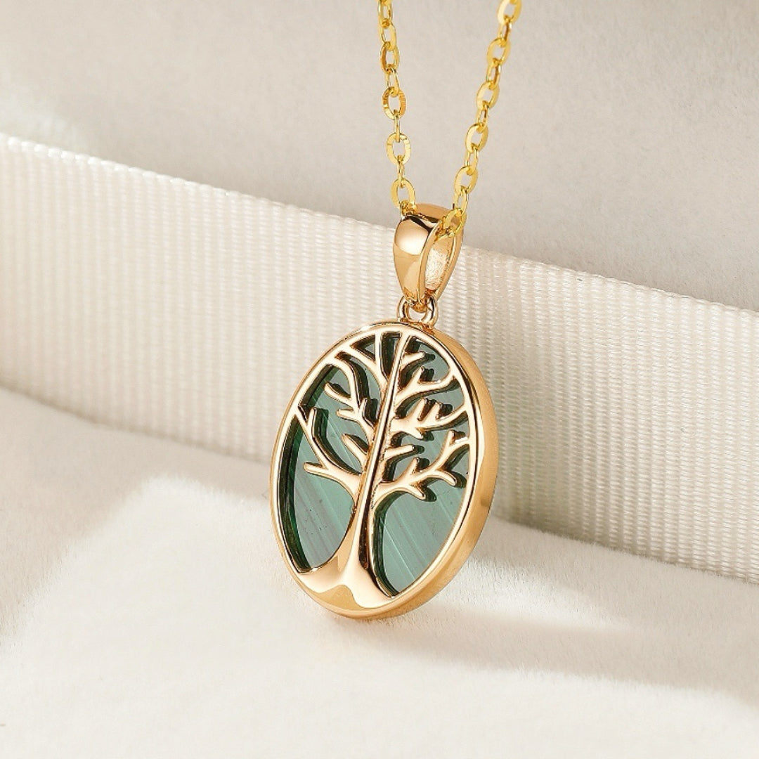 Collier Malachite – Arbre de Vie Intemporel, Argent Plaqué Or