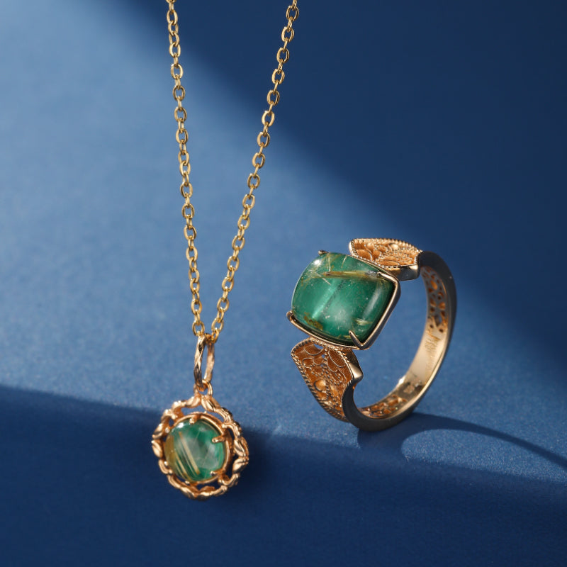 Malachite and Rutilated Quartz Ring – Imperial Treat, Gold Plated Silver