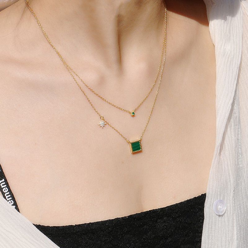 Malachite and Zircon Necklace – Cube Sparkle, Gold Plated Silver