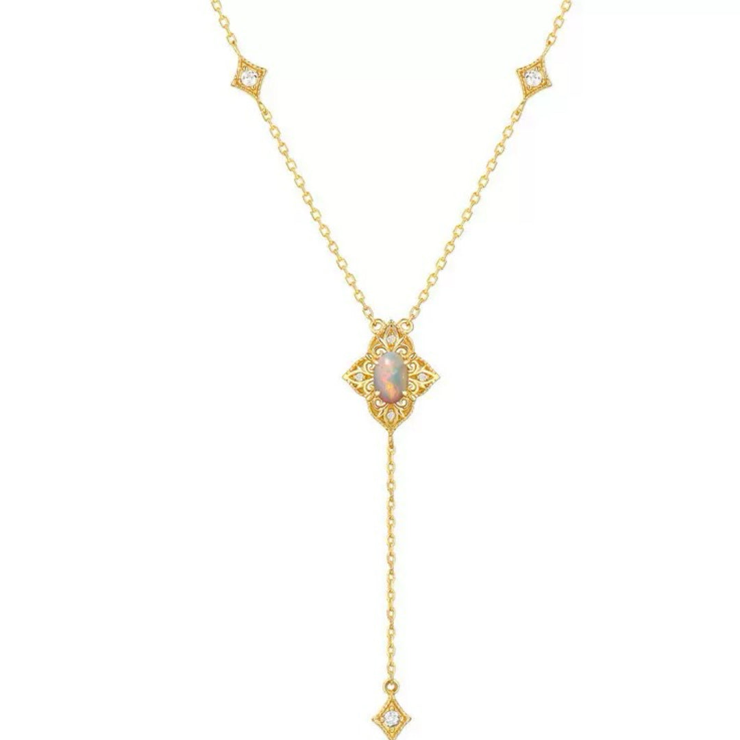Collier bohème en argent plaqué or 9K avec une opale centrale et de petits diamants incrustés, design en Y