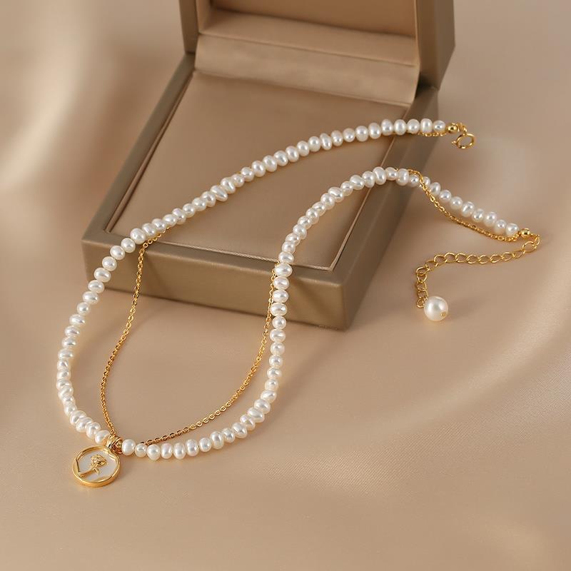 'Rose' Necklace Double Chain in Freshwater Pearl and Gold Plated Silver