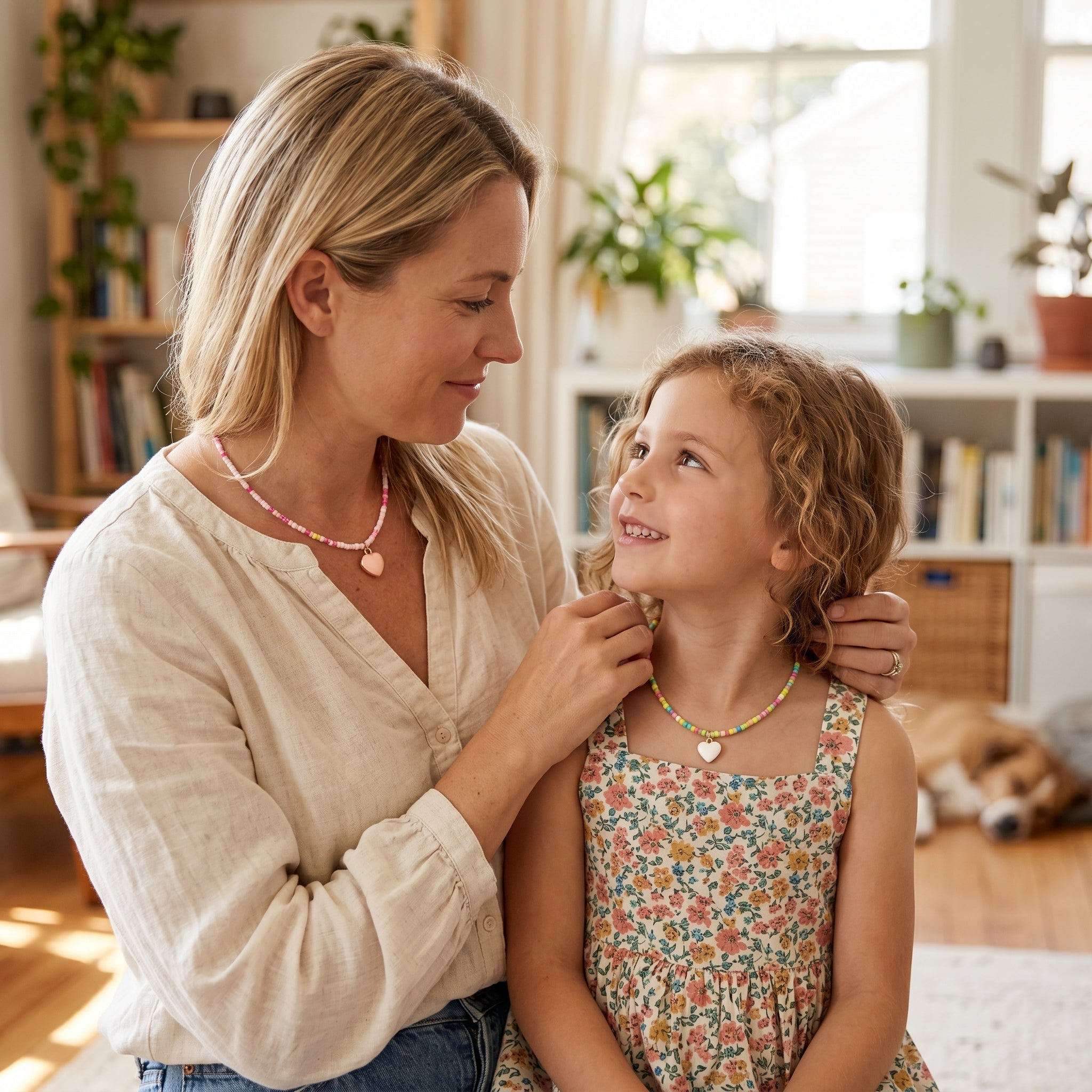 Une mère et sa fille portant des colliers assortis en perles de rocaille avec un pendentif en forme de cœur, symbolisant l'amour et le lien familial.