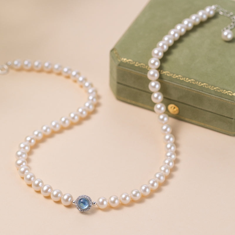 Collier Perle et Aigue Marine – Harmonie Océanique, Argent