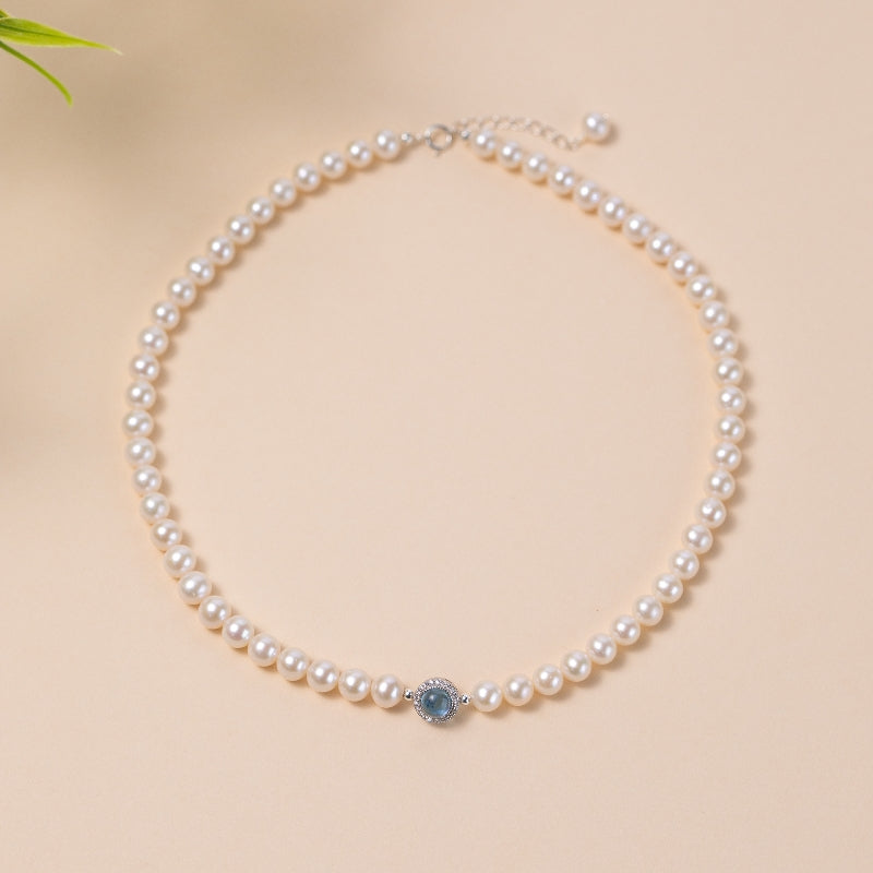 Collier Perle et Aigue Marine – Harmonie Océanique, Argent