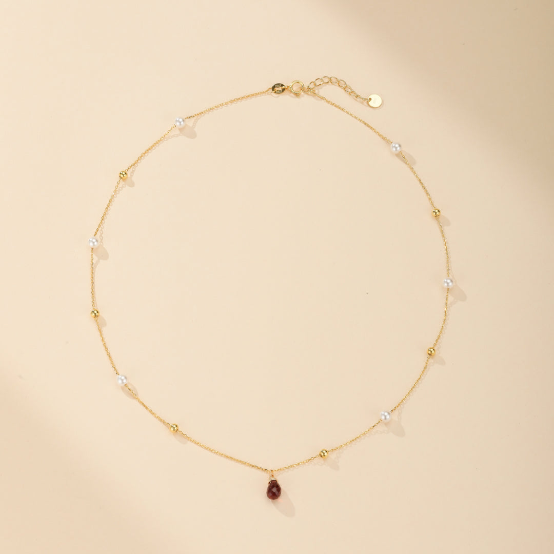 Collier Perles et Grenat – Mélodie d'Amour, Argent Plaqué Or 14K