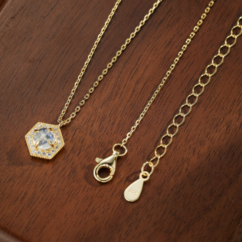 Moonstone Necklace – Luminous Hexagon, Gold Plated Silver
