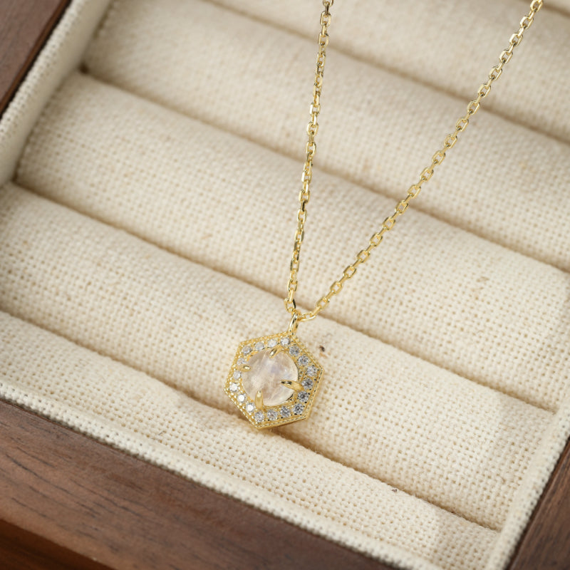 Moonstone Necklace – Luminous Hexagon, Gold Plated Silver