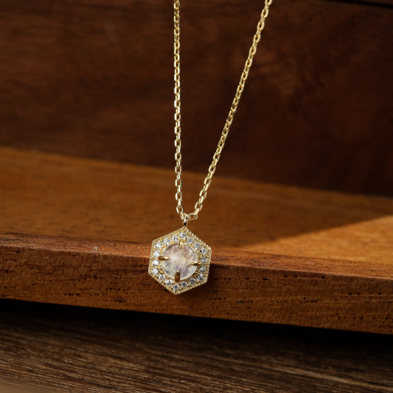 Moonstone Necklace – Luminous Hexagon, Gold Plated Silver