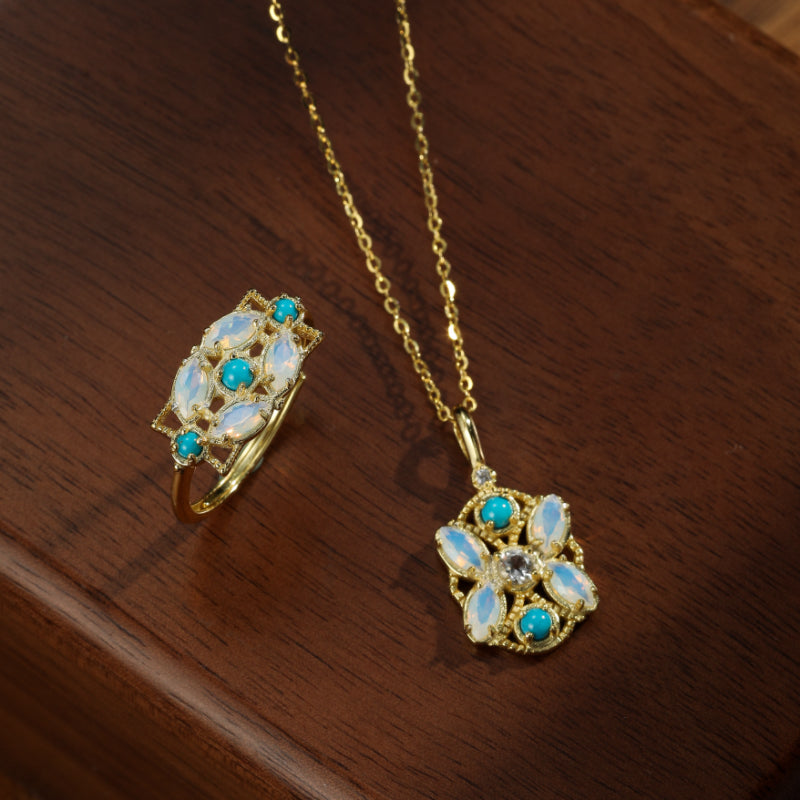 Moonstone Ring – Floral Turquoise, Gold Plated Silver