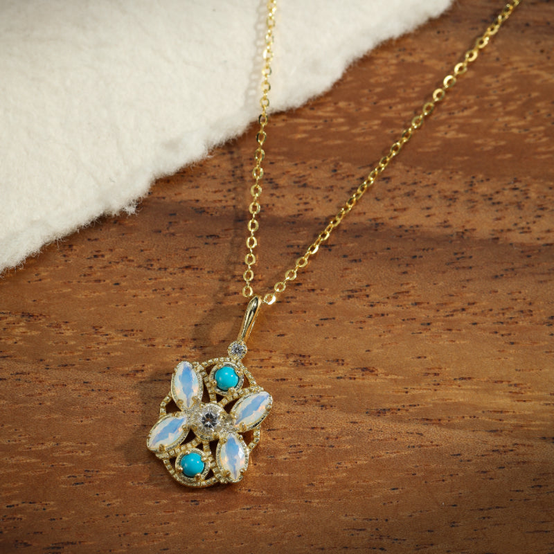 Collier Pierre de Lune – Turquoise Florale, Argent Plaqué Or