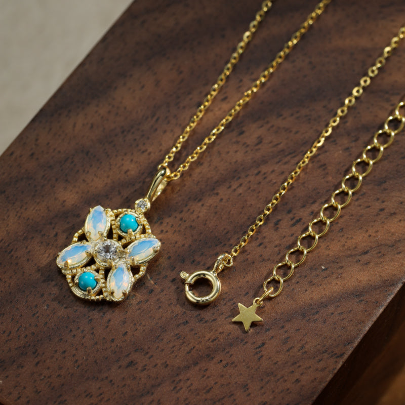 Collier Pierre de Lune – Turquoise Florale, Argent Plaqué Or